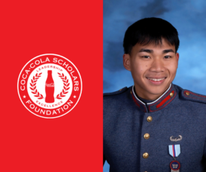 Split image: left side features the Coca-Cola Scholars Foundation logo on a red background; right side shows a Valley Forge Military College cadet in a formal military-style uniform smiling in front of a blue background, representing leadership and achievement.