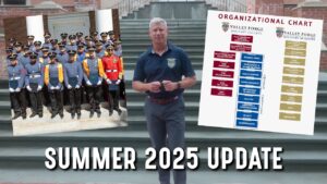 A man stands on outdoor steps between Valley Forge Military College cadets in uniform and an organizational chart, with the text SUMMER 2025 UPDATE in bold letters at the bottom.