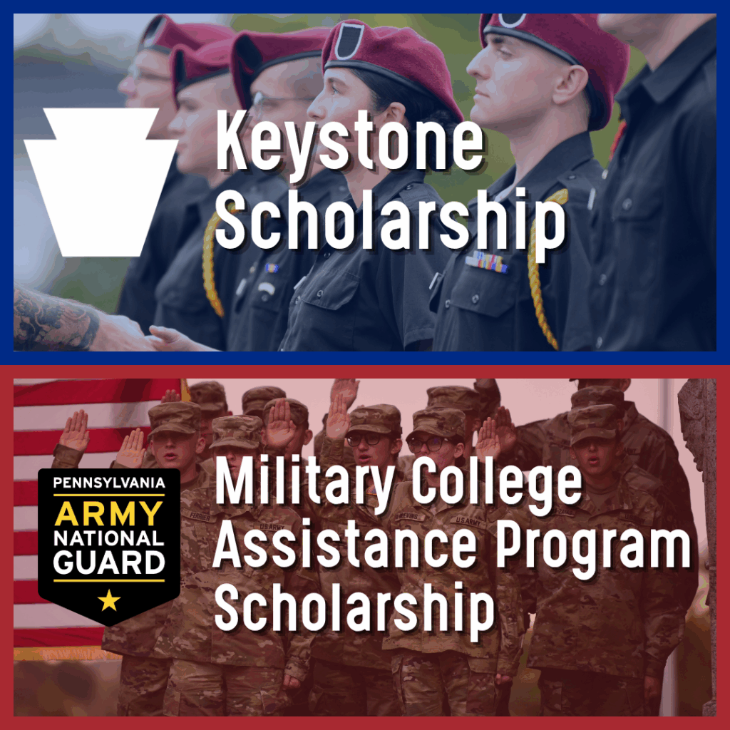 Split image: Top shows Cadets in maroon berets with Keystone Scholarship text; bottom features soldiers saluting a flag, highlighting the Military College Assistance Program Scholarship and Valley Forge Military College PA Army National Guard logo.