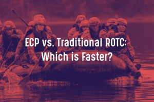A group of soldiers in uniform, demonstrating leadership, paddle an inflatable boat across water. Overlaid text reads: ECP vs. Traditional ROTC: Which is Faster? The image has a red and purple tint. Valley Forge Military College is implied in the setting.