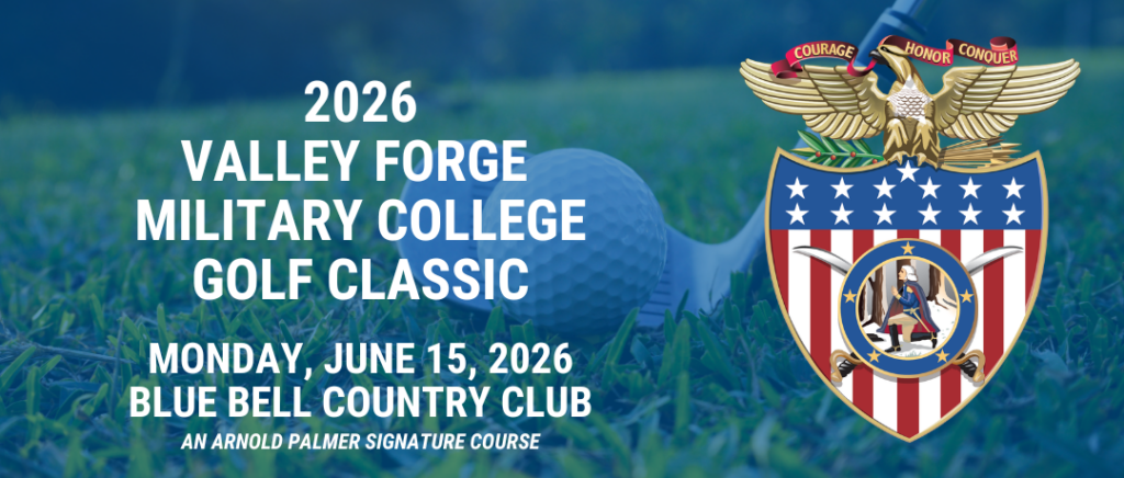 Promotional graphic for the 2026 Valley Forge Military College Golf Classic, held on Monday, June 15, 2026, at Blue Bell Country Club, featuring the college crest and a golf ball on grass.
