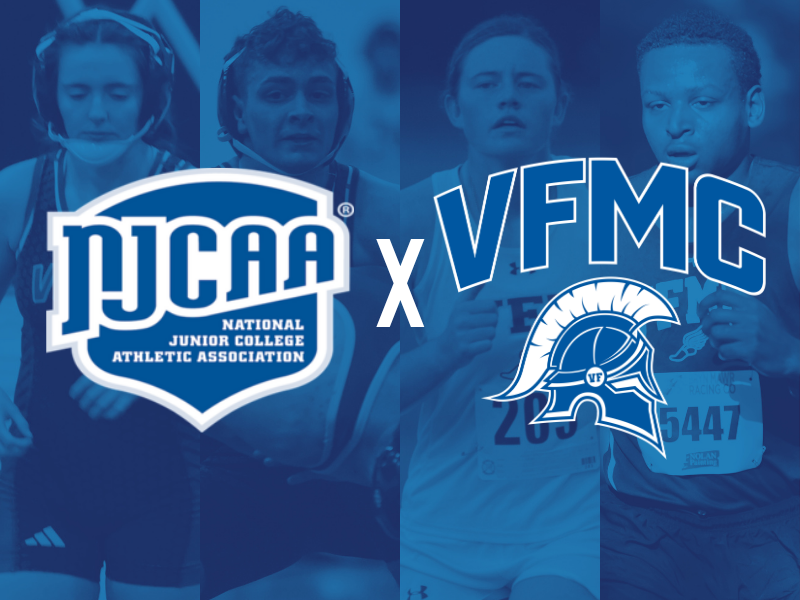 Four athletes compete in wrestling and running events. Overlaid are the NJCAA logo on the left and VFMC Spartan helmet logo on the right, with a large “X” between them, indicating a sports partnership or event.