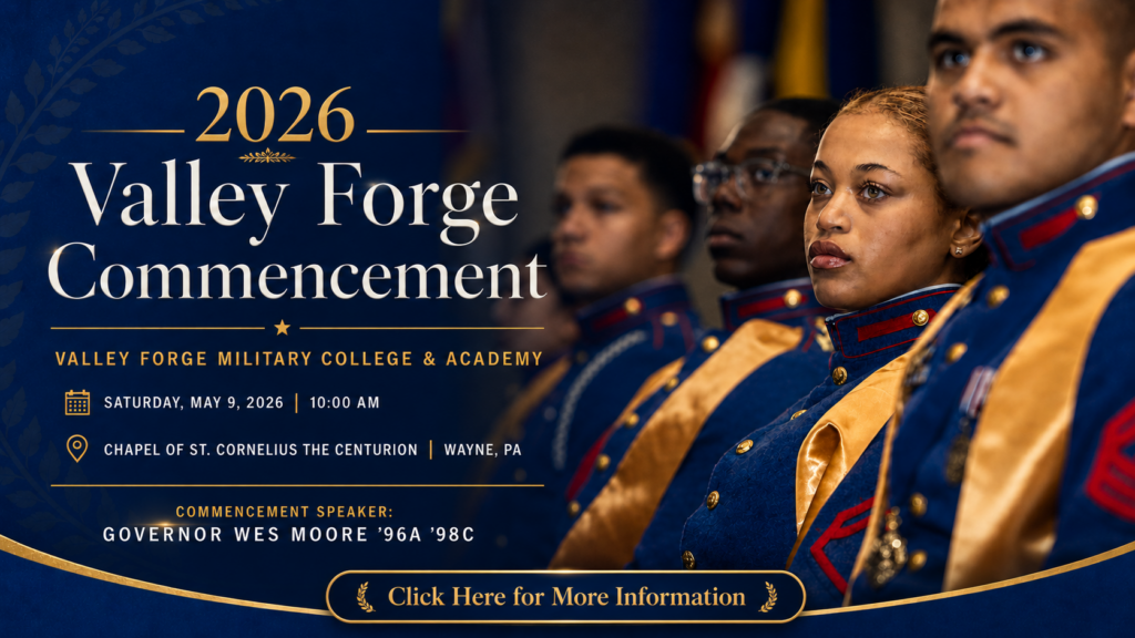 A group of cadets in uniform sit in a row at the 2026 Valley Forge Commencement. Event details and Governor Wes Moore as the speaker are displayed on the left side of the image.