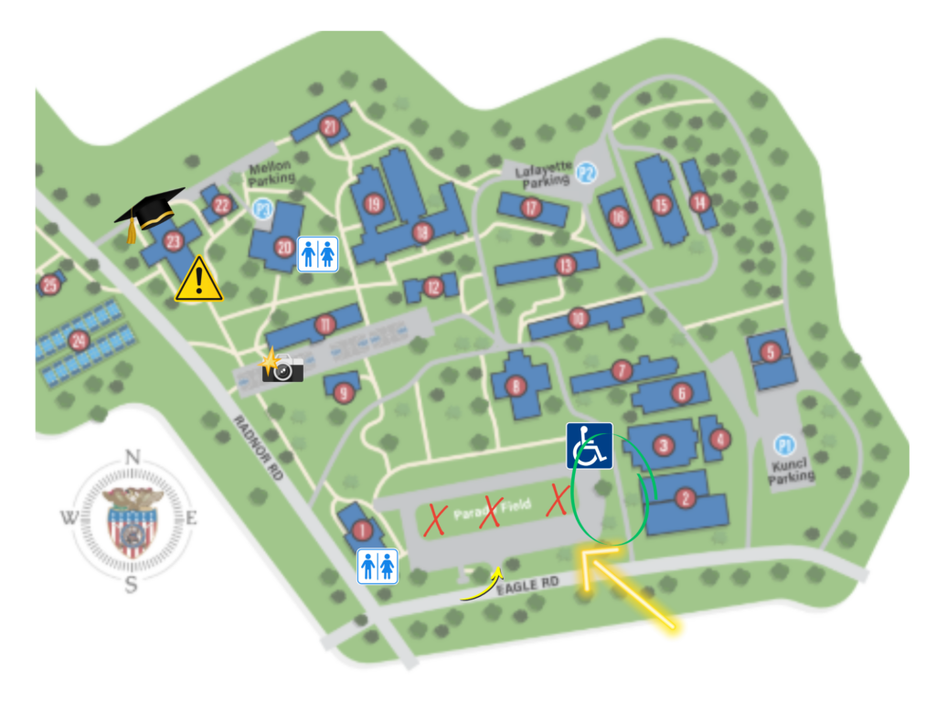 Campus map with buildings and parking lots. A green arrow shows an accessible route to a blue wheelchair parking area. Red Xs mark blocked paths. Yellow arrow points to a detour. Icons mark restrooms, parking, and a caution sign.