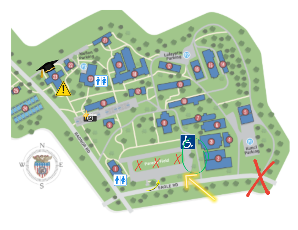 A campus map highlights accessible parking with a blue wheelchair symbol, prohibited areas with red Xs, routes in yellow and green, and important buildings and parking areas. Icons mark bathrooms and a graduation cap marks a location.