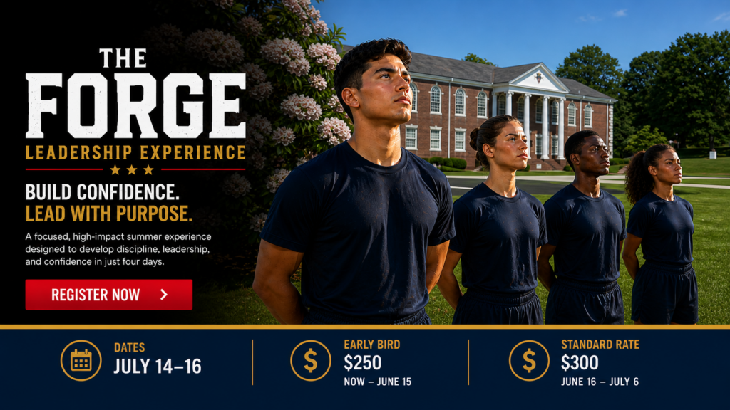 Four serious young adults in navy athletic wear stand in a row outdoors, looking ahead. Behind them are trees and a large building. Text promotes “The Forge” leadership program, July 14–16, with registration prices and details.