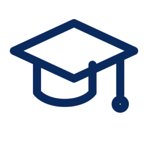 Simple navy blue line drawing of a graduation cap with a tassel, shown on a light gray background.