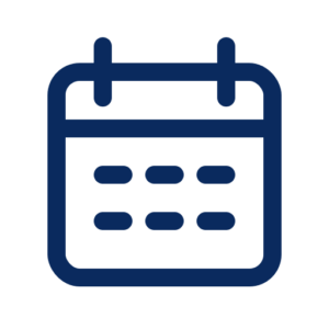 Simple dark blue calendar icon with two rings on top and six dots inside, representing days. The background is light gray.