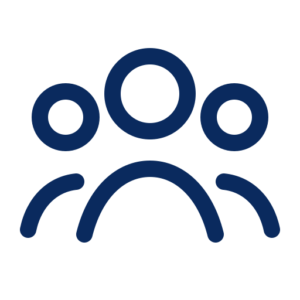 A simple, navy blue icon on a light background depicting three abstract human figures, with one larger figure in the center and two smaller figures on each side.