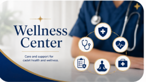 A healthcare professional in blue scrubs sits beside wellness icons, including a stethoscope, shield, heart, clipboard, yoga pose, and first aid kit. Text reads: Wellness Center: Care and support for cadet health and wellness.