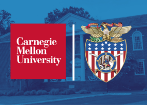Carnegie Mellon University logo and the crest of Valley Forge Military College appear side by side, overlaid on an academic building, Eisenhower Hall, with trees and a blue color filter.