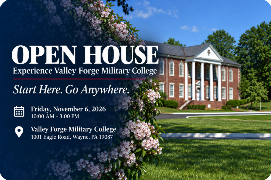 A red-brick college building with columns, surrounded by green lawn and pink flowering bushes. Open House event details for Valley Forge Military College are displayed in white text.